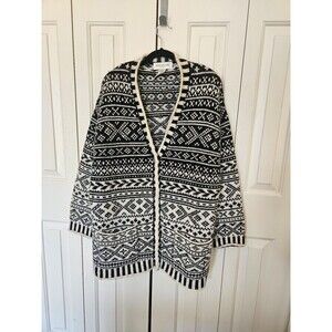 Vintage Jones Oversized wool cardigan fair isle jacquard nordic L black white